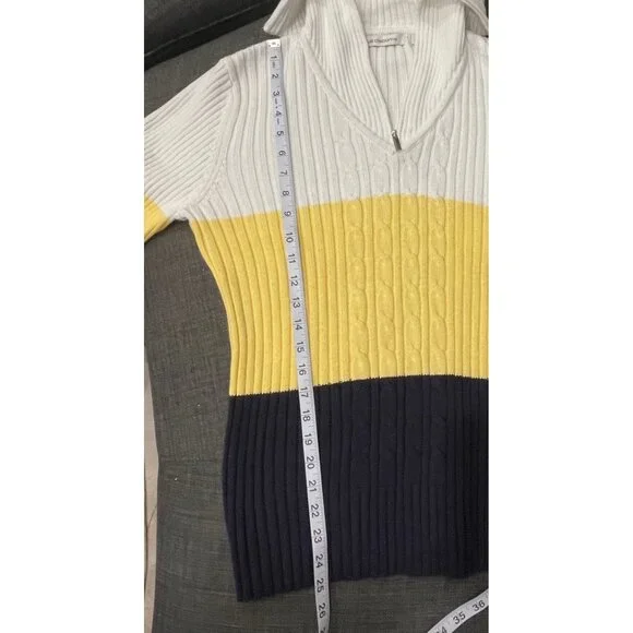 Liz Claiborne Womens White Yellow Navy Cotton Ribbed Knit Sweater Large Pullover - Picture 6 of 6